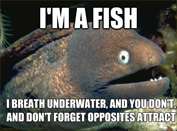 I'm a fish I breath underwater, and you don't, and don't forget opposites attract  Bad Joke Eel