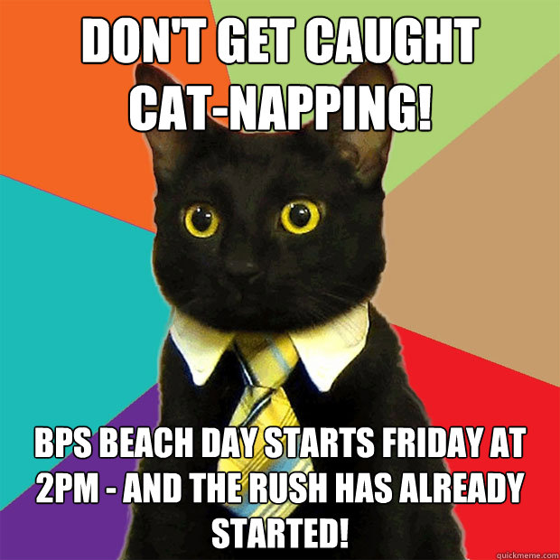 Don't get caught      cat-napping! BPS Beach Day starts Friday at 2pm - and the rush has already started!  Business Cat