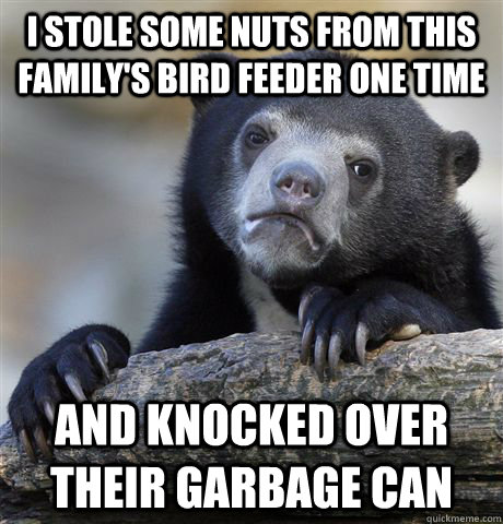 I stole some nuts from this family's bird feeder one time and knocked over their garbage can  Confession Bear