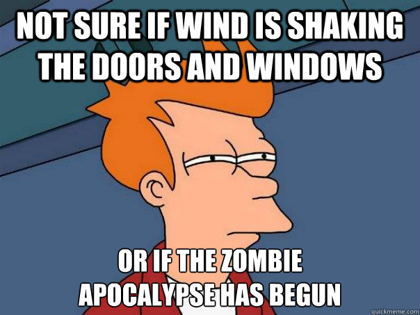 Not sure if wind is shaking the doors and windows Or if the zombie 
apocalypse has begun  Futurama Fry