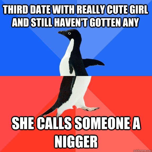 Third date with really cute girl and still haven't gotten any She calls someone a nigger  Socially Awkward Awesome Penguin