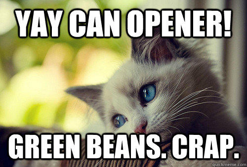 Yay can opener! Green beans. Crap.  