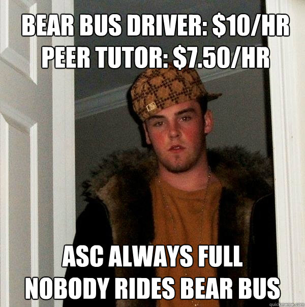 Bear Bus Driver: $10/hr
Peer Tutor: $7.50/hr ASC always full
Nobody rides bear bus - Bear Bus Driver: $10/hr
Peer Tutor: $7.50/hr ASC always full
Nobody rides bear bus  Scumbag Steve