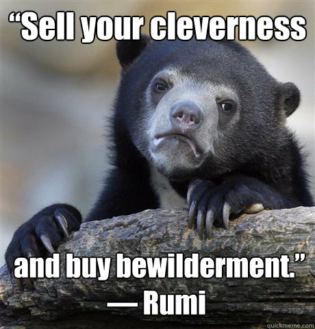 “Sell your cleverness  and buy bewilderment.” 
― Rumi  Confession Bear