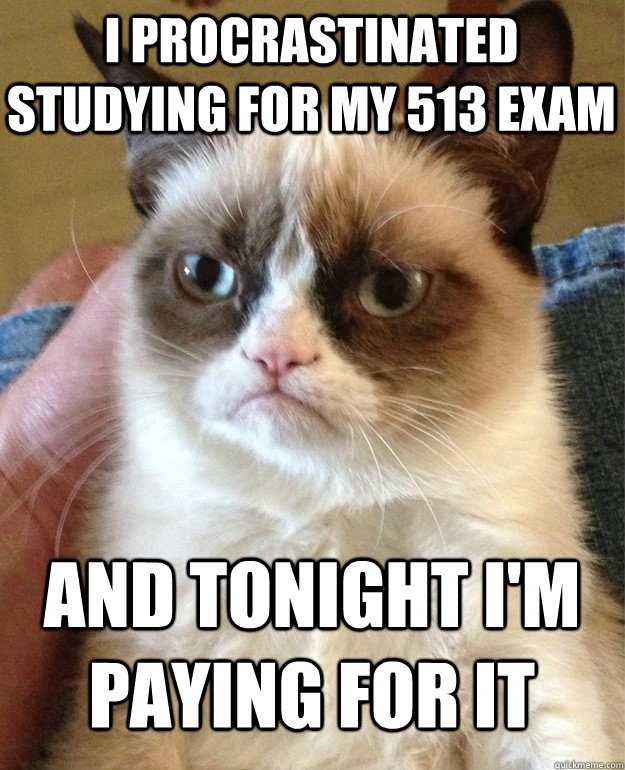 I procrastinated studying for my 513 exam and tonight I'm paying for it  Grumpy Cat