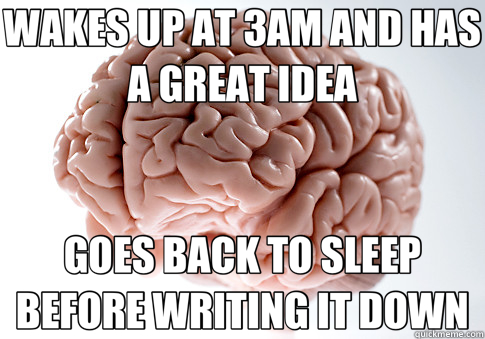 WAKES UP AT 3AM AND HAS A GREAT IDEA GOES BACK TO SLEEP BEFORE WRITING IT DOWN - WAKES UP AT 3AM AND HAS A GREAT IDEA GOES BACK TO SLEEP BEFORE WRITING IT DOWN  Scumbag Brain