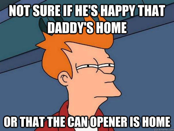 Not sure if he's happy that daddy's home Or that the can opener is home  Futurama Fry