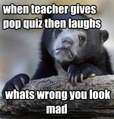 when teacher gives pop quiz then laughs  whats wrong you look mad - when teacher gives pop quiz then laughs  whats wrong you look mad  Confession Bear