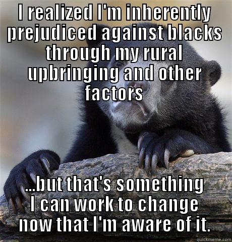 Li'l Self-Awareness Ain't Gon' Hurt Nobody - I REALIZED I'M INHERENTLY PREJUDICED AGAINST BLACKS THROUGH MY RURAL UPBRINGING AND OTHER FACTORS ...BUT THAT'S SOMETHING I CAN WORK TO CHANGE NOW THAT I'M AWARE OF IT. Confession Bear