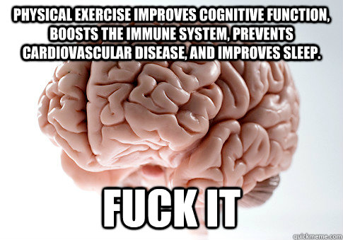 PHYSICAL EXERCISE IMPROVES COGNITIVE FUNCTION, BOOSTS THE IMMUNE SYSTEM, PREVENTS CARDIOVASCULAR DISEASE, AND IMPROVES SLEEP. FUCK IT  Scumbag Brain