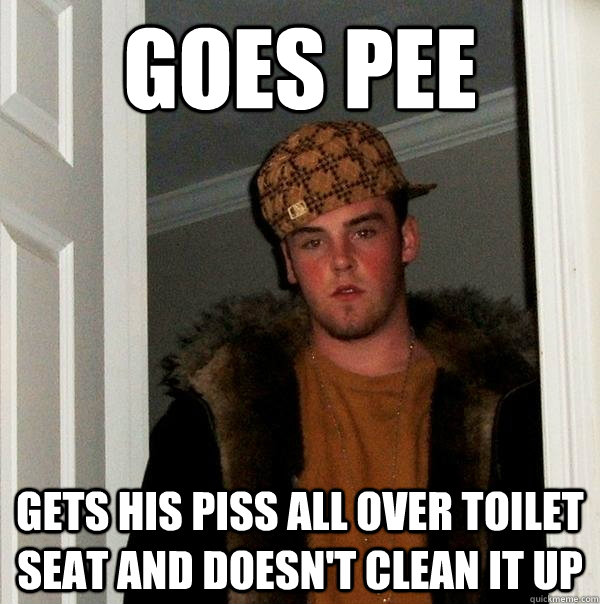 Goes pee gets his piss all over toilet seat and doesn't clean it up  Scumbag Steve