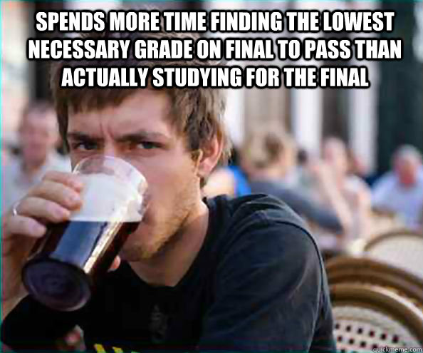 Spends more time finding the lowest necessary grade on final to pass than actually studying for the final  - Spends more time finding the lowest necessary grade on final to pass than actually studying for the final   Lazy College Senior