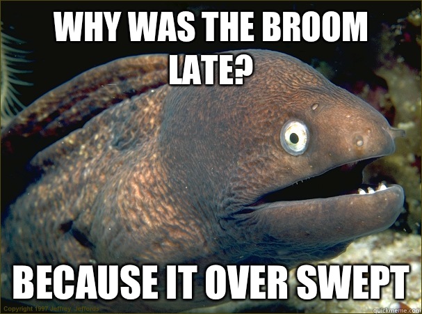 Why was the broom late? Because it over swept  Bad Joke Eel