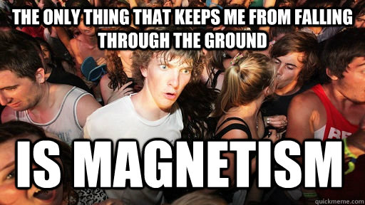 the only thing that keeps me from falling through the ground is magnetism  Sudden Clarity Clarence