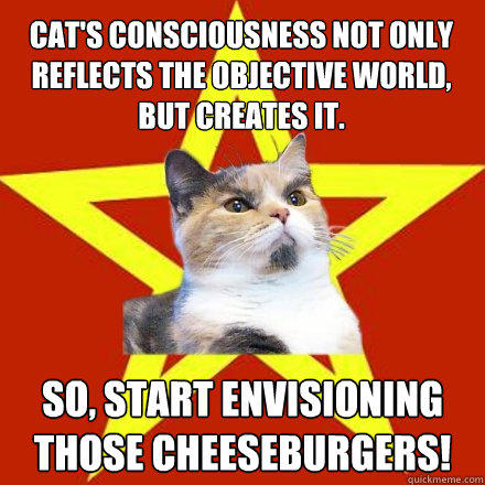Cat's consciousness not only reflects the objective world, but creates it. So, start envisioning those cheeseburgers!  