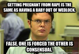 Getting pregnant from rape is the same as having a baby out of wedlock. FALSE. One is forced the other is consensual.  Dwight False