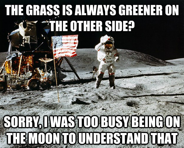 The grass is always greener on the other side? Sorry, I was too busy being on the moon to understand that   Unimpressed Astronaut