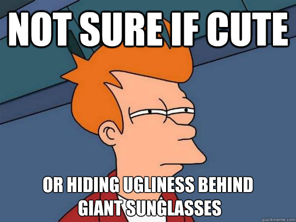 not sure if cute or hiding ugliness behind
 giant sunglasses  Futurama Fry