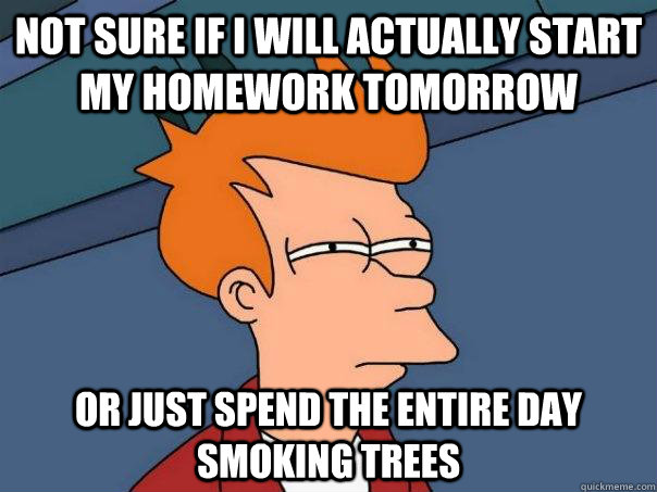 Not sure if i will actually start my homework tomorrow Or just spend the entire day smoking trees  Futurama Fry