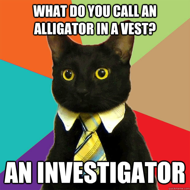 What do you call an alligator in a vest? an investigator  Business Cat