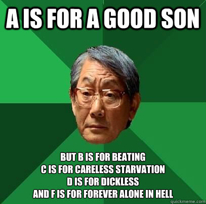 a is for a good son but b is for beating 
c is for careless starvation
d is for dickless
and f is for forever alone in hell  High Expectations Asian Father