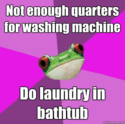 Not enough quarters for washing machine Do laundry in bathtub  Foul Bachelorette Frog