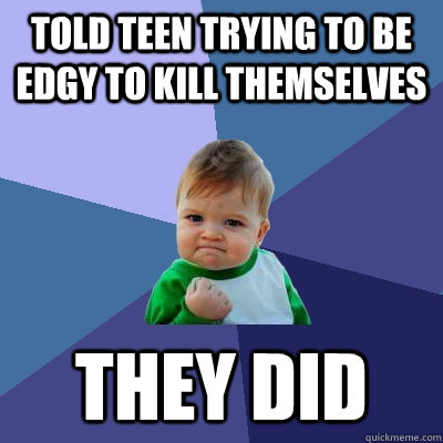 told teen trying to be edgy to kill themselves they did  Success Kid