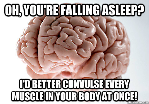 OH, YOU'RE FALLING ASLEEP? I'D BETTER CONVULSE EVERY MUSCLE IN YOUR BODY AT ONCE!   Scumbag Brain