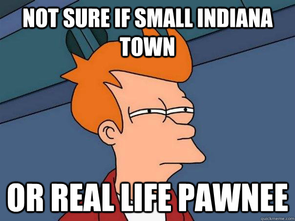 not sure if small indiana town or real life pawnee - not sure if small indiana town or real life pawnee  Futurama Fry