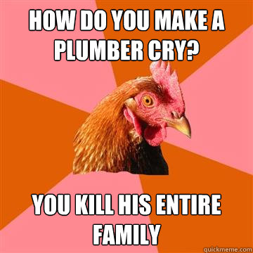 how do you make a plumber cry? you kill his entire family - how do you make a plumber cry? you kill his entire family  Anti-Joke Chicken
