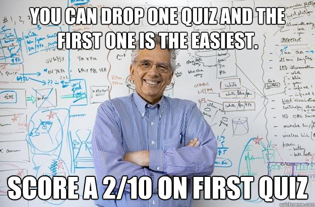 You can drop one quiz and the first one is the easiest. score a 2/10 on first quiz - You can drop one quiz and the first one is the easiest. score a 2/10 on first quiz  Engineering Professor