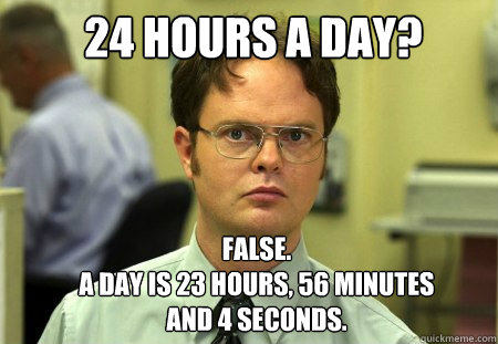 24 hours a day? False.
A day is 23 hours, 56 minutes and 4 seconds. - 24 hours a day? False.
A day is 23 hours, 56 minutes and 4 seconds.  Schrute