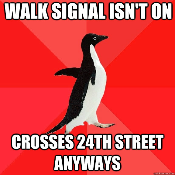 Walk signal isn't on crosses 24th street anyways  Socially Awesome Penguin