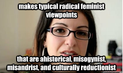 makes typical radical feminist viewpoints that are ahistorical, misogynist, misandrist, and culturally reductionist  