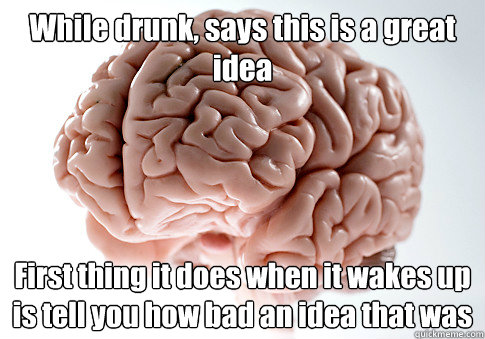 While drunk, says this is a great idea  First thing it does when it wakes up is tell you how bad an idea that was  Scumbag Brain