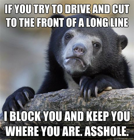 If you try to drive and cut to the front of a long line I block you and keep you where you are. Asshole.  Confession Bear