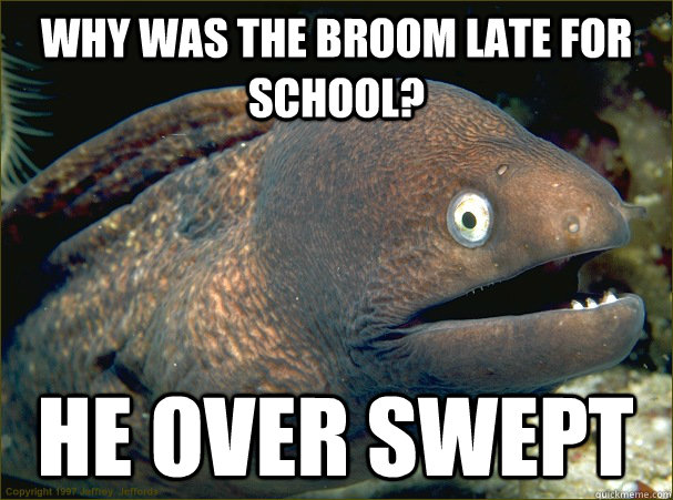 Why was the broom late for school? he over swept - Why was the broom late for school? he over swept  Bad Joke Eel