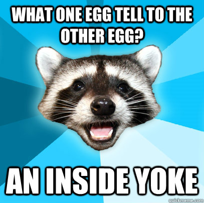 What one egg tell to the other egg? an inside yoke - What one egg tell to the other egg? an inside yoke  Lame Pun Coon