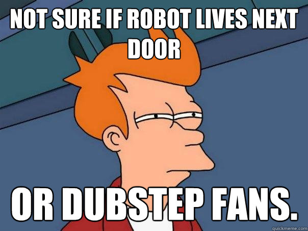 NOT SURE IF ROBOT LIVES NEXT DOOR OR DUBSTEP FANS.  Futurama Fry