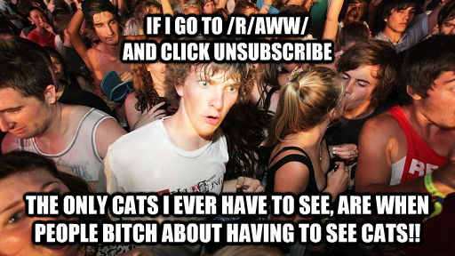 IF I GO TO /R/AWW/ 
AND CLICK UNSUBSCRIBE THE ONLY CATS I EVER HAVE TO SEE, ARE WHEN PEOPLE BITCH ABOUT HAVING TO SEE CATS!!  Sudden Clarity Clarence