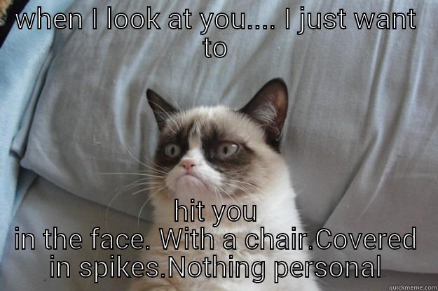 WHEN I LOOK AT YOU.... I JUST WANT TO HIT YOU IN THE FACE. WITH A CHAIR.COVERED IN SPIKES.NOTHING PERSONAL Grumpy Cat