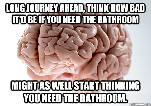 Long journey ahead, think how bad it'd be if you need the bathroom Might as well start thinking you need the bathroom.  Scumbag Brain