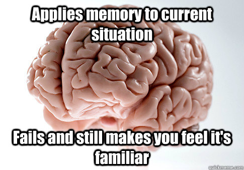 Applies memory to current situation Fails and still makes you feel it's familiar  Scumbag Brain