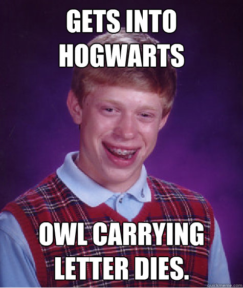 gets into hogwarts owl carrying letter dies.   Bad Luck Brian