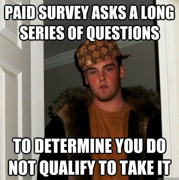 paid survey asks a long series of questions to determine you do not qualify to take it  Scumbag Steve