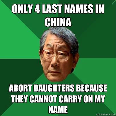 Only 4 last names in China Abort daughters because they cannot carry on my name  High Expectations Asian Father