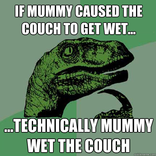 If mummy caused the couch to get wet… …technically mummy wet the couch  - If mummy caused the couch to get wet… …technically mummy wet the couch   Philosoraptor