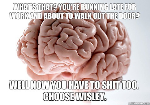 What's that? You're running late for work and about to walk out the door?  Well now you have to shit too. Choose wisley.  - What's that? You're running late for work and about to walk out the door?  Well now you have to shit too. Choose wisley.   Scumbag Brain