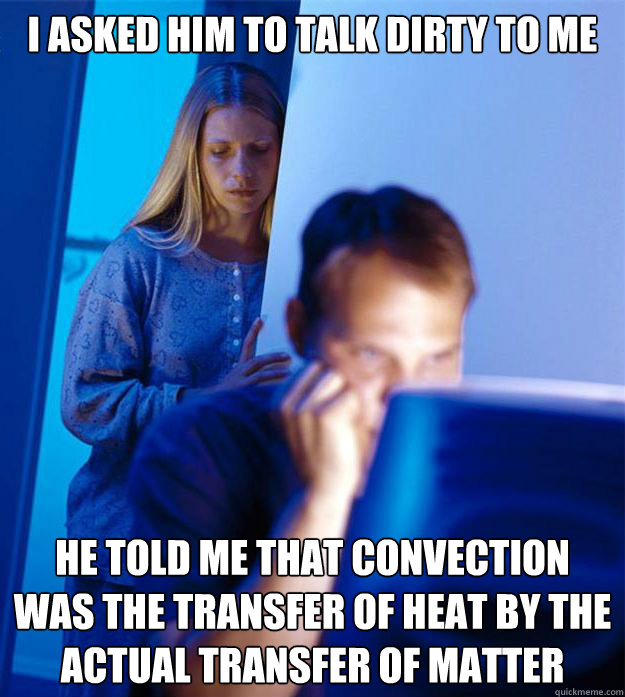 I asked him to talk dirty to me he told me that convection was the transfer of heat by the actual transfer of matter  Redditors Wife