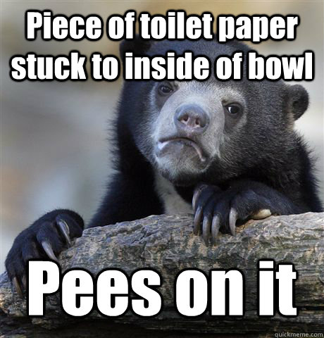 Piece of toilet paper stuck to inside of bowl Pees on it  Confession Bear